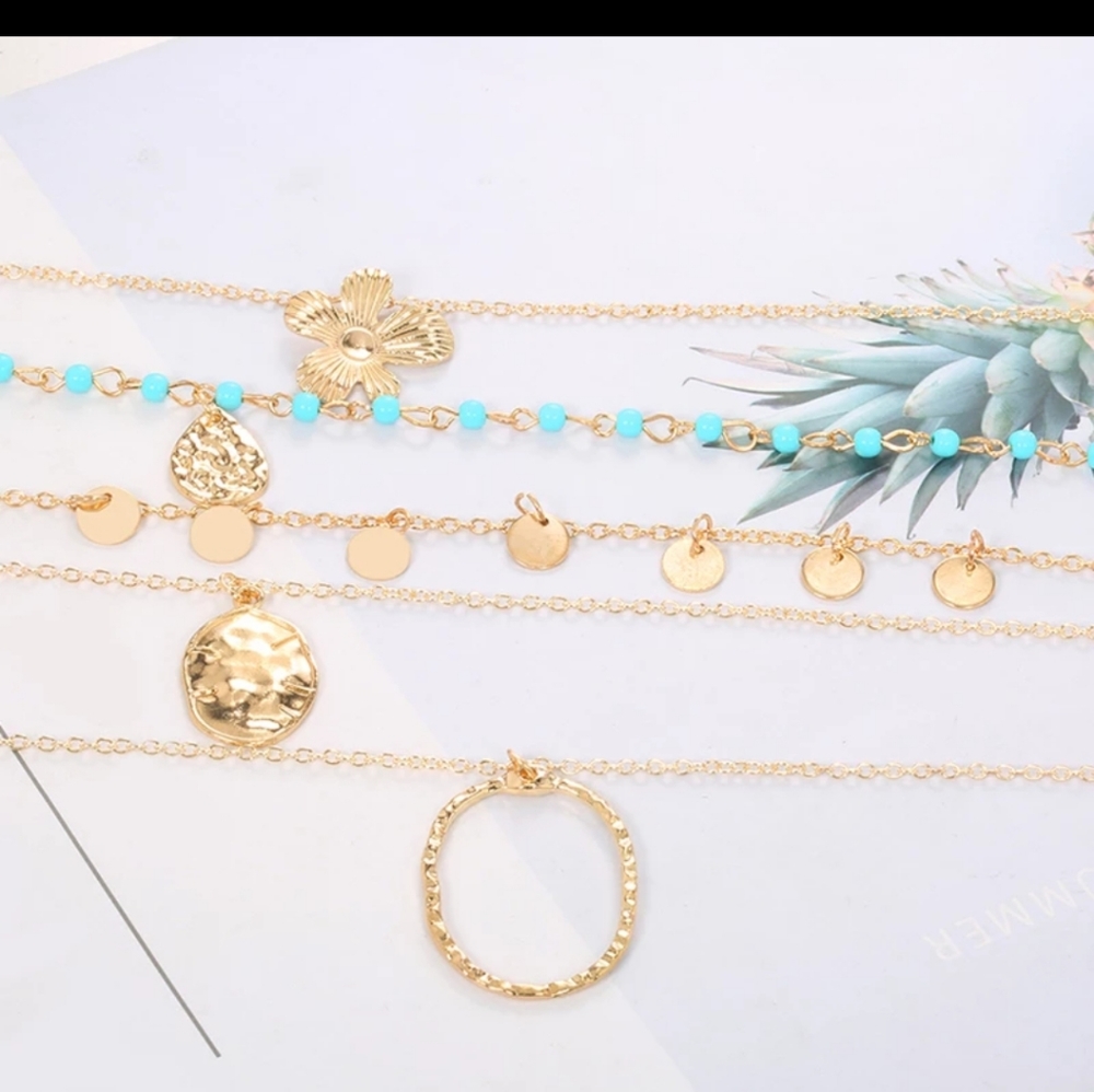 Gold tone turquoise layered necklace - Picture 3 of 4